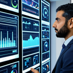 A professional Arab male engineer, in his early 40s, fully clothed in a modest, modern business suit, thoughtfully observing a dynamic holographic display. The display shows real-time data visualizations of an intelligent HVAC system's performance, including air quality metrics and energy consumption trends. The setting is a sleek, contemporary smart building control room with large, high-tech screens displaying complex analytics and architectural schematics in the background. The lighting is soft and ambient, highlighting the advanced technology. Perfect anatomy, correct proportions, natural pose, well-formed hands, proper finger count, professional photography, high quality, sharp focus. Safe for work, appropriate content, fully clothed, professional.