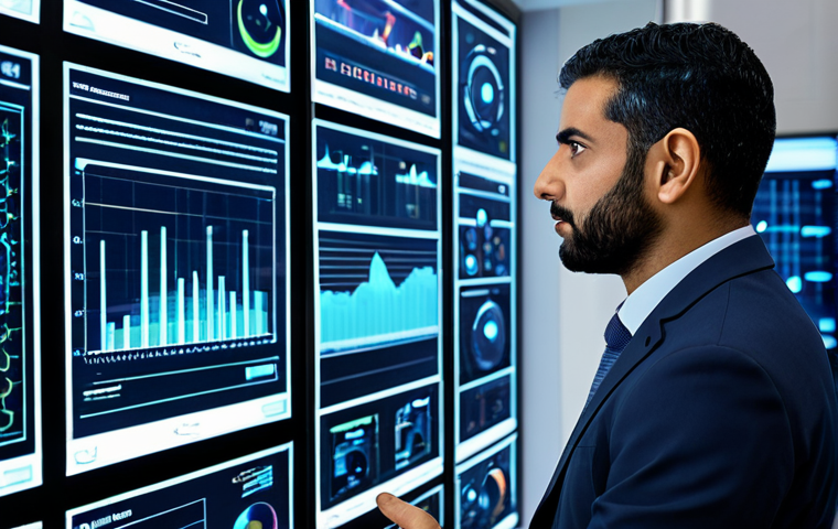 A professional Arab male engineer, in his early 40s, fully clothed in a modest, modern business suit, thoughtfully observing a dynamic holographic display. The display shows real-time data visualizations of an intelligent HVAC system's performance, including air quality metrics and energy consumption trends. The setting is a sleek, contemporary smart building control room with large, high-tech screens displaying complex analytics and architectural schematics in the background. The lighting is soft and ambient, highlighting the advanced technology. Perfect anatomy, correct proportions, natural pose, well-formed hands, proper finger count, professional photography, high quality, sharp focus. Safe for work, appropriate content, fully clothed, professional.