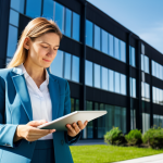 A confident professional architect, an adult woman, stands in a bright, modern office space, reviewing architectural blueprints on a tablet. She is dressed in a modest business blazer and trousers, fully clothed, appropriate attire, professional dress. The office features large, energy-efficient windows, showcasing a sustainable, green landscape outside with solar panels subtly integrated onto a nearby building's roof. The interior feels cool and comfortable, illuminated by soft natural light. perfect anatomy, correct proportions, natural pose, well-formed hands, proper finger count, natural body proportions, professional photography, high-resolution, sharp focus, vibrant colors, safe for work, appropriate content, fully clothed, professional.