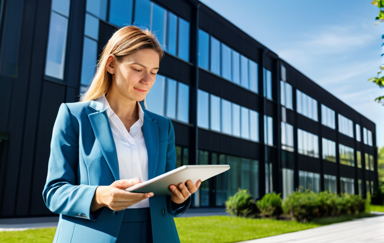 A confident professional architect, an adult woman, stands in a bright, modern office space, reviewing architectural blueprints on a tablet. She is dressed in a modest business blazer and trousers, fully clothed, appropriate attire, professional dress. The office features large, energy-efficient windows, showcasing a sustainable, green landscape outside with solar panels subtly integrated onto a nearby building's roof. The interior feels cool and comfortable, illuminated by soft natural light. perfect anatomy, correct proportions, natural pose, well-formed hands, proper finger count, natural body proportions, professional photography, high-resolution, sharp focus, vibrant colors, safe for work, appropriate content, fully clothed, professional.
