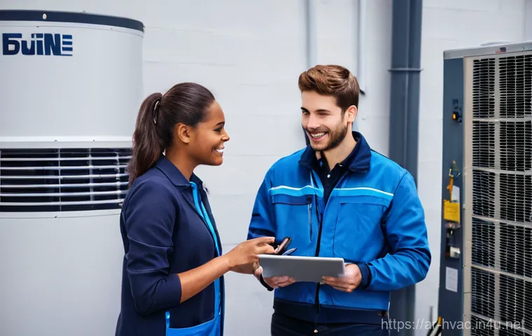 공조냉동기계 기술자의 글로벌 네트워크 - **On-Site Efficiency: Remote Guidance for Rapid Troubleshooting**
    A focused male or female HVAC ...