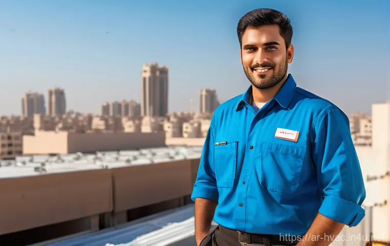 공조냉동기계기사 자격증 취득 후기 - A highly skilled male HVAC technician, in his late 20s, with short, neat dark hair, wearing a clean,...
