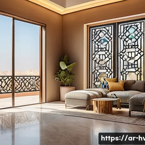 공조냉동기계와 AI 기반 냉동 시스템 - A modern smart cooling system installed in a stylish Arab home interior, featuring sleek air conditi...