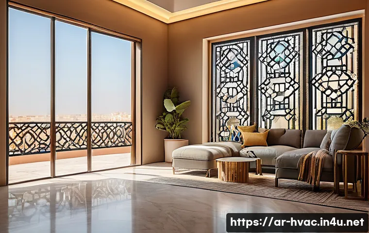 공조냉동기계와 AI 기반 냉동 시스템 - A modern smart cooling system installed in a stylish Arab home interior, featuring sleek air conditi...