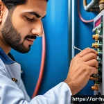 공조냉동기계기사 실무에서 중요한 기술 - A detailed close-up illustration of a skilled Middle Eastern HVAC technician wearing a traditional d...