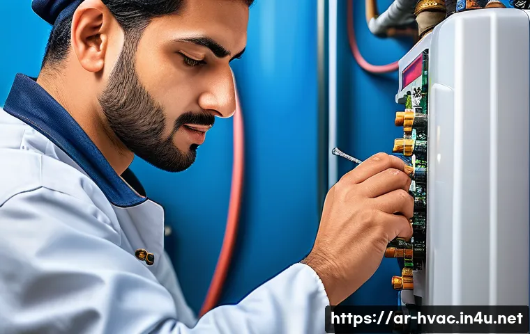 공조냉동기계기사 실무에서 중요한 기술 - A detailed close-up illustration of a skilled Middle Eastern HVAC technician wearing a traditional d...