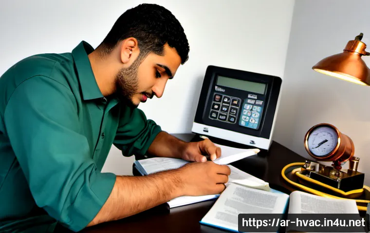 공조냉동기계기사 시험 준비를 위한 추천 도서 - Photorealistic study desk for HVAC and refrigeration engineering exam preparation, an Arabic male en...