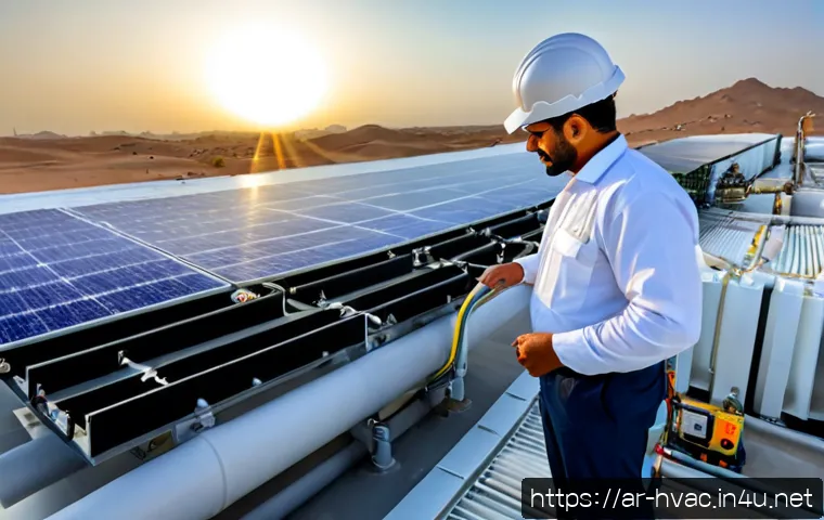 공조냉동기계와 지속 가능한 기술 - Photorealistic modern HVAC refrigeration plant on the rooftop of a contemporary Middle Eastern comme...