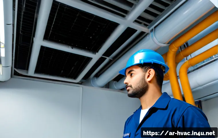 공조냉동기계 시스템에서의 공기 흐름 분석 - Photorealistic HVAC technician in modest work uniform inspecting a modern commercial air handling un...